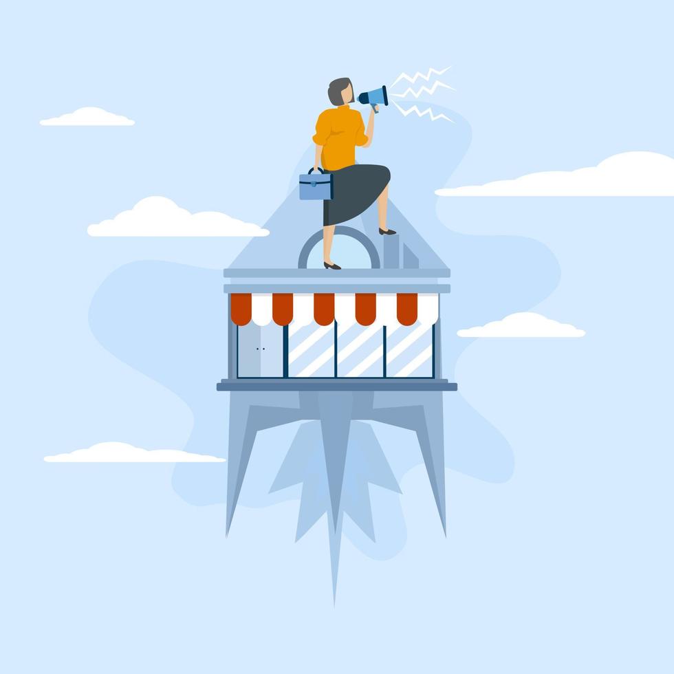 Promotion concept to increase sales, businesswoman promoting her shop with flying booster rocket, encouraging customers to visit storefront or e-commerce performance, advertising to increase profits. vector