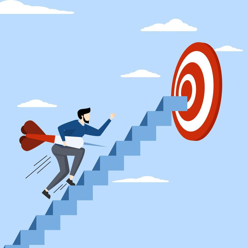 Concept of success steps to achieve business goals, challenge concept, cheerful businessman carrying darts on ladder to achieve bullseye dartboard. developing a journey or aiming to achieve a goal. vector