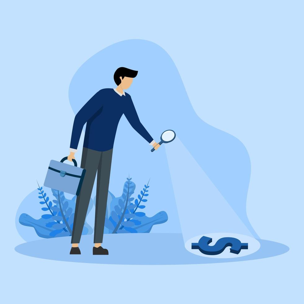 concept Looking for investment opportunity, businessman looking through magnifying glass to see dollar sign looking for money, stock market research or hidden costs and expenses concept. vector