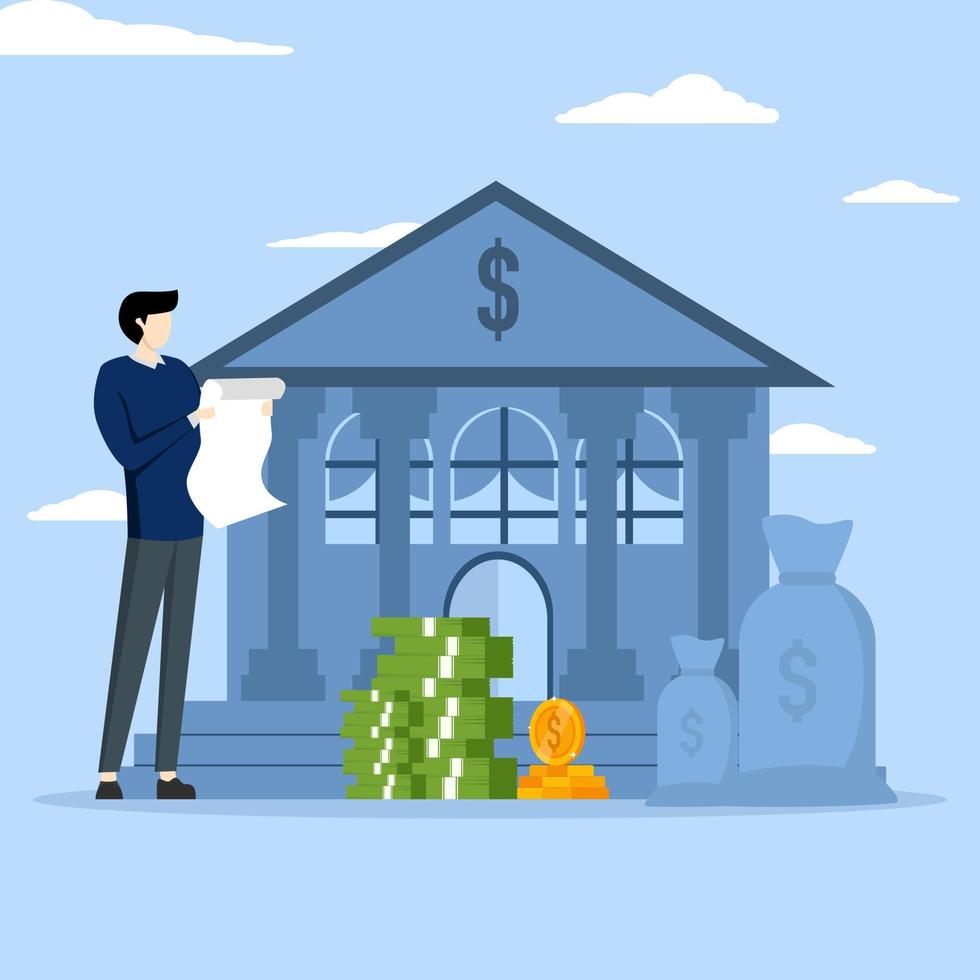Public financial audit concept. Coins and banknotes lying near government finance department or tax office column building. Flat vector illustration.