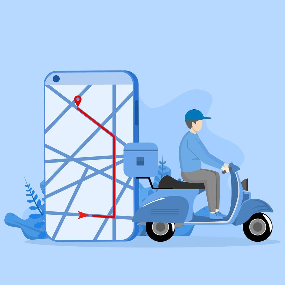 Concept of sending a package to a destination. A man drives a scooter with boxes. Package delivery tracking notification on phone metaphor. vector