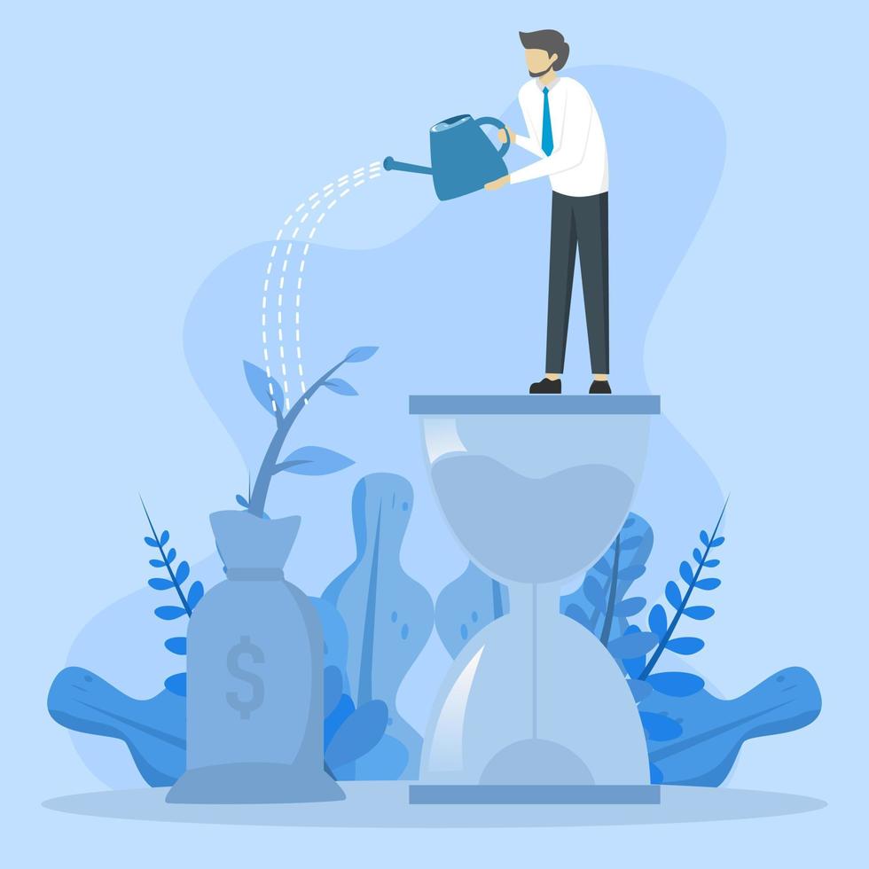 Saving and investment account concept, prosperity, smart businessman investor standing on sandy water growing from money bag, income growth from compound interest in long term investment concept. vector