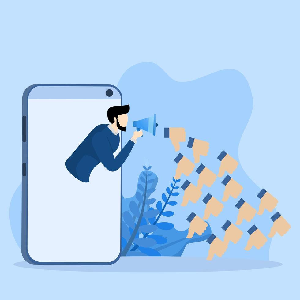 cyber bullying concept, internet hater, angry social media, dislike or negative feedback of remote job, angry young man from cell phone screaming in megaphone with negative thumbs down symbol. vector