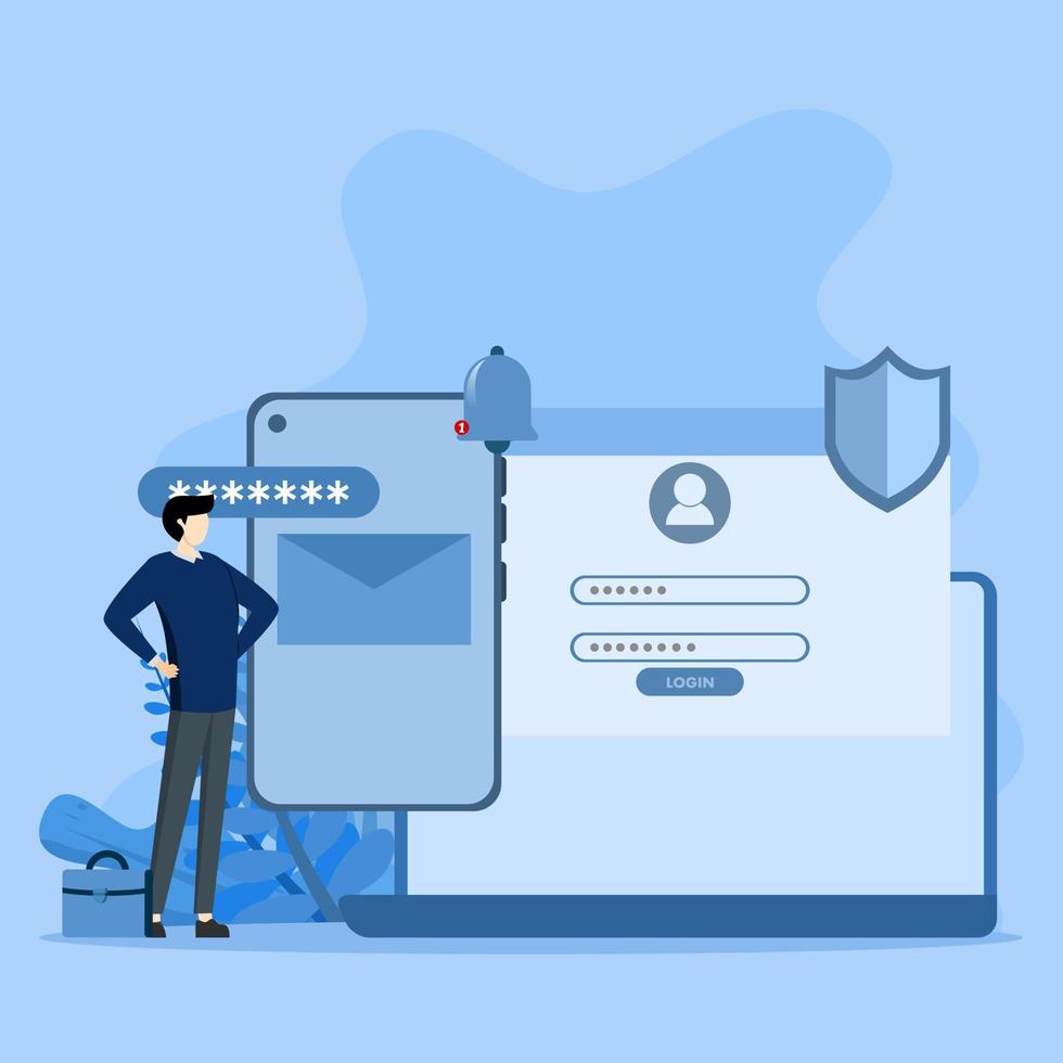 two-step security concept, Character uses two-step verification to protect personal data. User authorization, login authentication and information protection. Flat cartoon vector illustration.