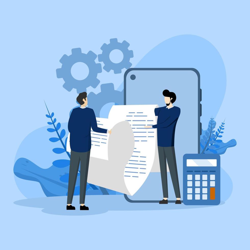 factura financiera o concepto de factura. gestión de pagos y deudas. explore el carácter de leer y calcular facturas o facturas financieras largas en línea en la aplicación móvil en el teléfono inteligente. vector