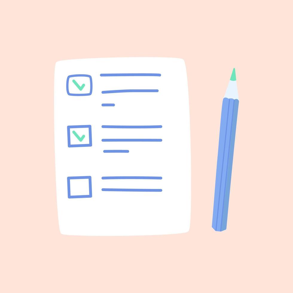 Piece of paper and pencil with to-do list, marked items. Vector hand-drawn illustrations.