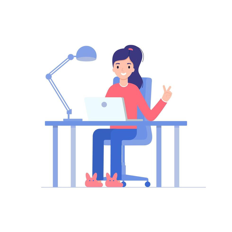 The girl works from home with a laptop. The concept of remote work, training, and self-isolation during a coronavirus epidemic. Flat vector illustration.