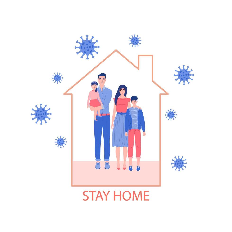 Banner template, stay at home. The family is in self-isolation, the concept of protection from the coronavirus. Vector illustration in a modern style.