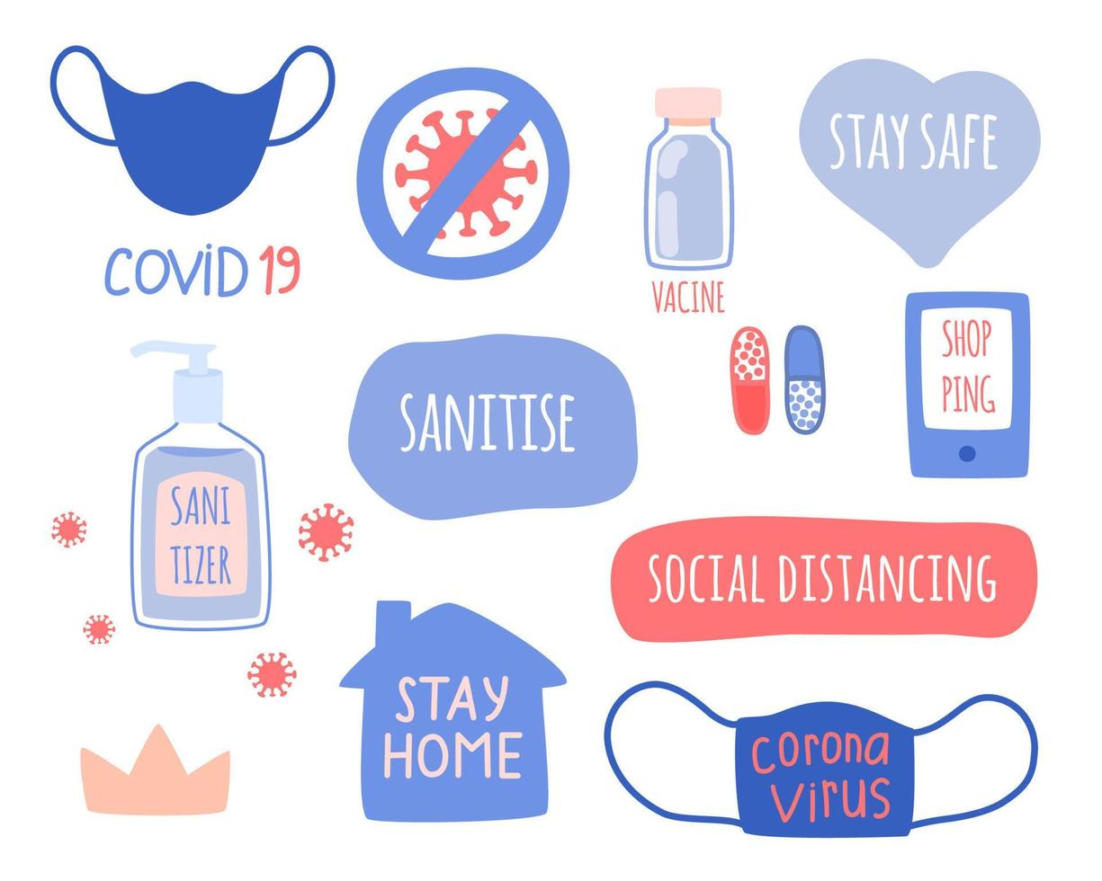 The set of elements of the concept of coronavirus, hygiene and medicine. Vector illustration in flat style.