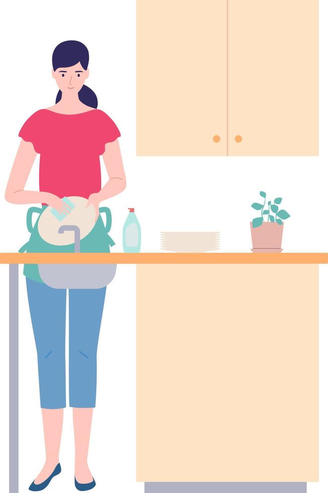 The housewife washes the dishes. The concept of house, housekeeping, interior. Vector illustration of a modern style.