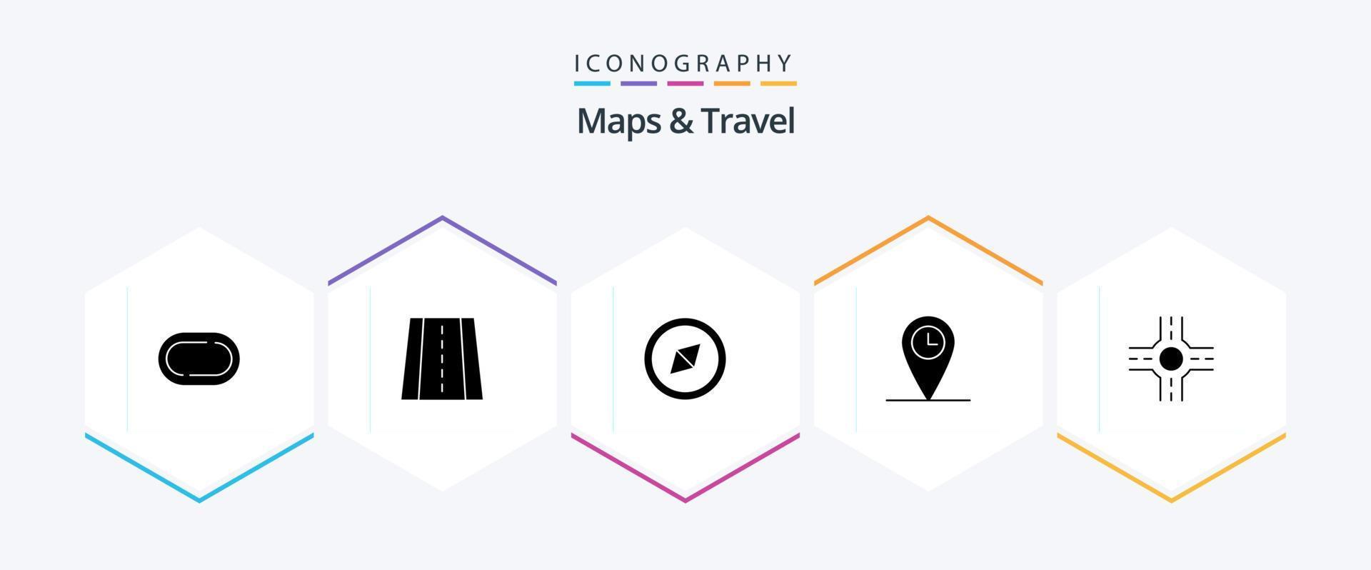 Paquete de iconos de 25 glifos de mapas y viajes que incluye . localización. vector