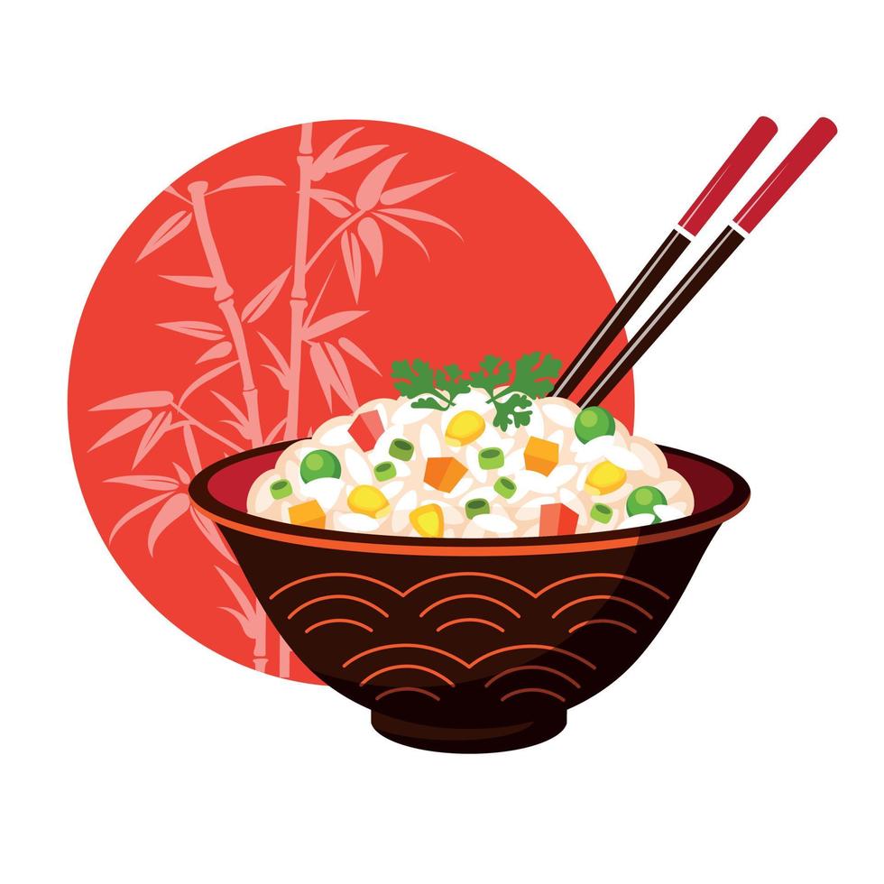 Asian Food. A Cup Of White Rice With Vegetables. Image In Japanese Style. Traditional Food vector