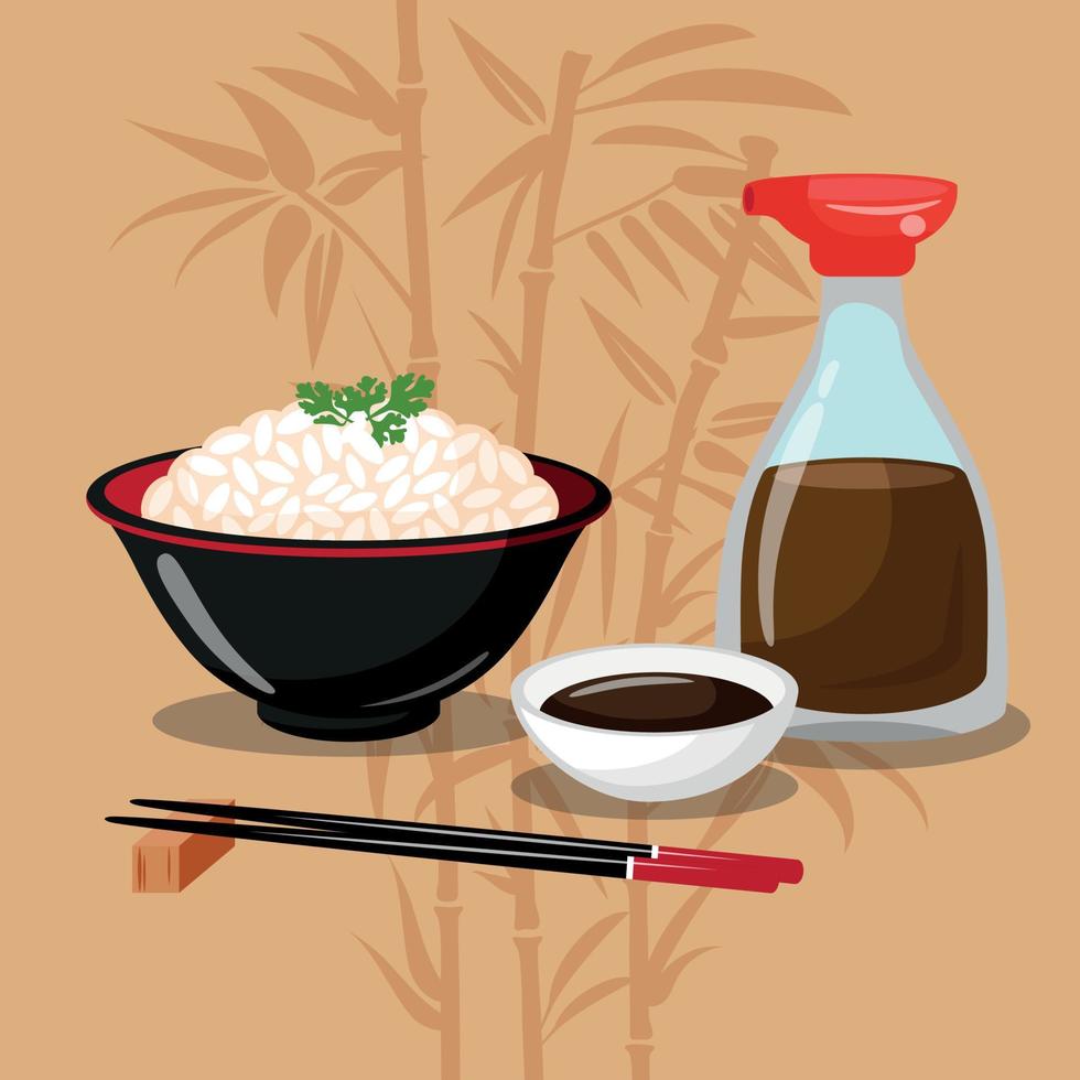 comida asiática. una taza de arroz blanco y salsa de soya. hermoso fondo marrón con bambú. Estilo japones vector