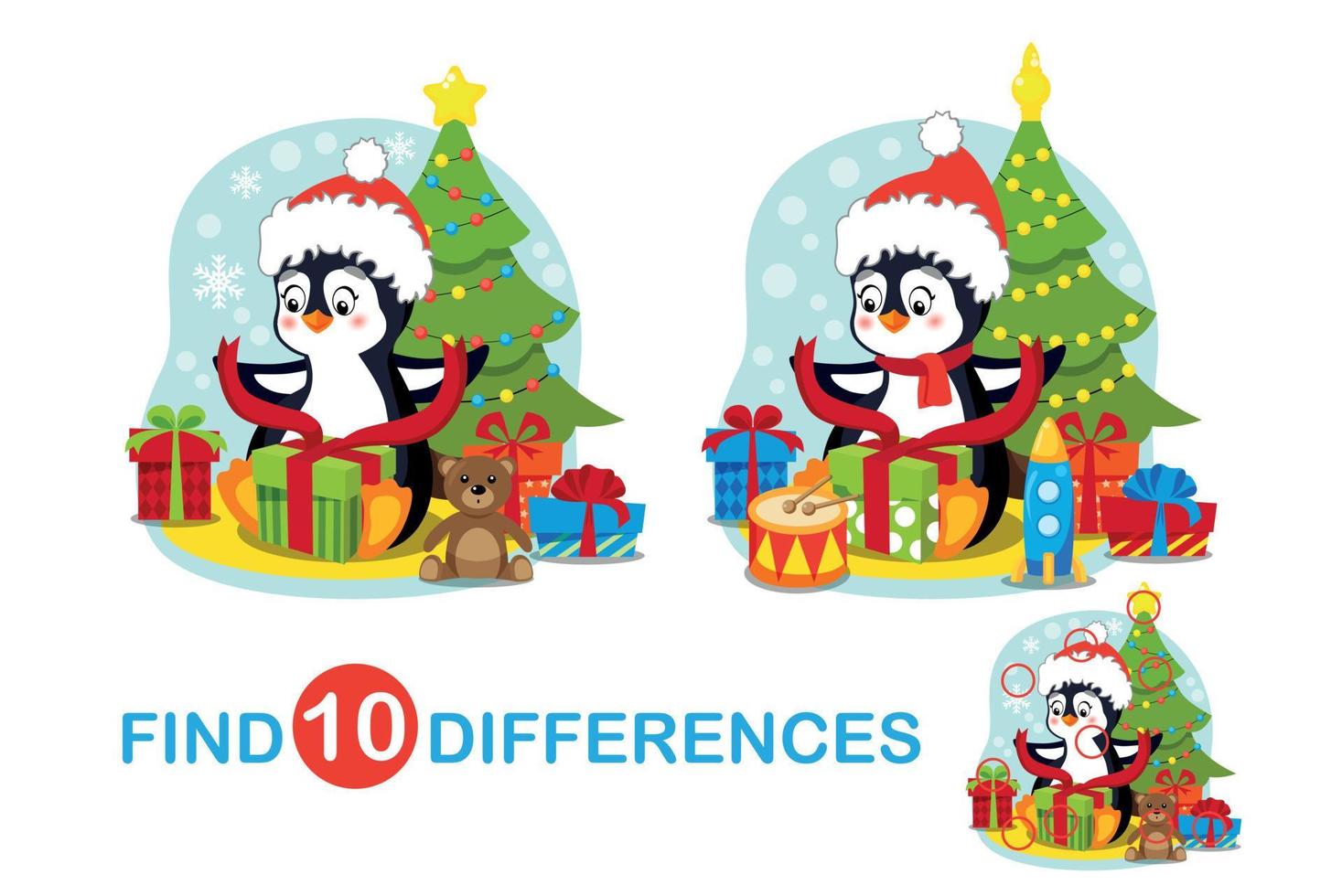 Mini Games For Children. Christmas Set. Find 10 Differences In The Picture. A Cute Penguin Opens A Present On Christmas Eve. Christmas Tree And Gifts. Games For Attention, Memory For Children vector