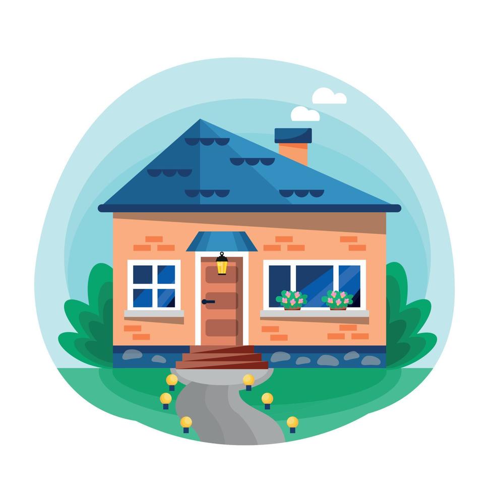 A Nice Little Rustic Orange Brick House. Purple Tiled Roof. Around The House There Is A Lawn, Bushes And Flowers. Blue Background, Sky. White Sheet, Isolated Object, Cut Out Object. vector