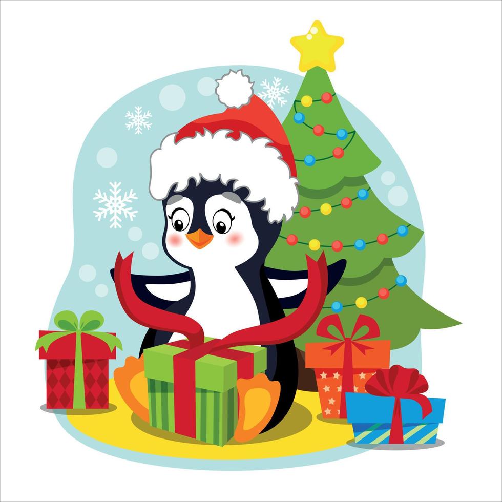 ilustración de año nuevo, serie de invierno. un pequeño y lindo pingüino con un sombrero de santa desempaca un regalo con una cinta roja. el personaje está sentado bajo el árbol de navidad, junto a coloridas cajas con regalos. vector