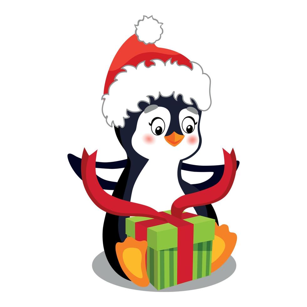 New Year Illustration, Winter Set. A Cute Little Penguin In A Santa Hat Unpacks A Gift With A Red Ribbon. Character On White Background, Isolated Object. A Series Of Cute Animals For Kids vector