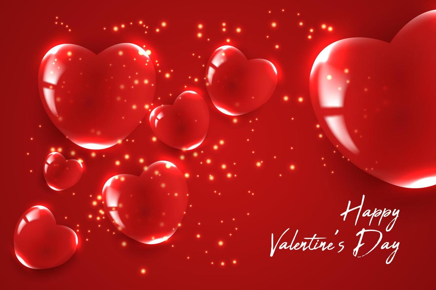 Valentines day vector illustration with glass of hearts and glitter. Red background romantic theme.