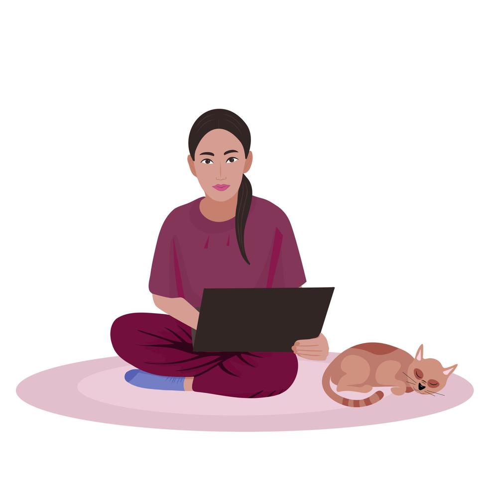 Girl with laptop sitting on carpet, near cat sleeps. Freelance or studying concept. Illustration for printing, posters, greeting cards and backgrounds. Isolated on white background. vector