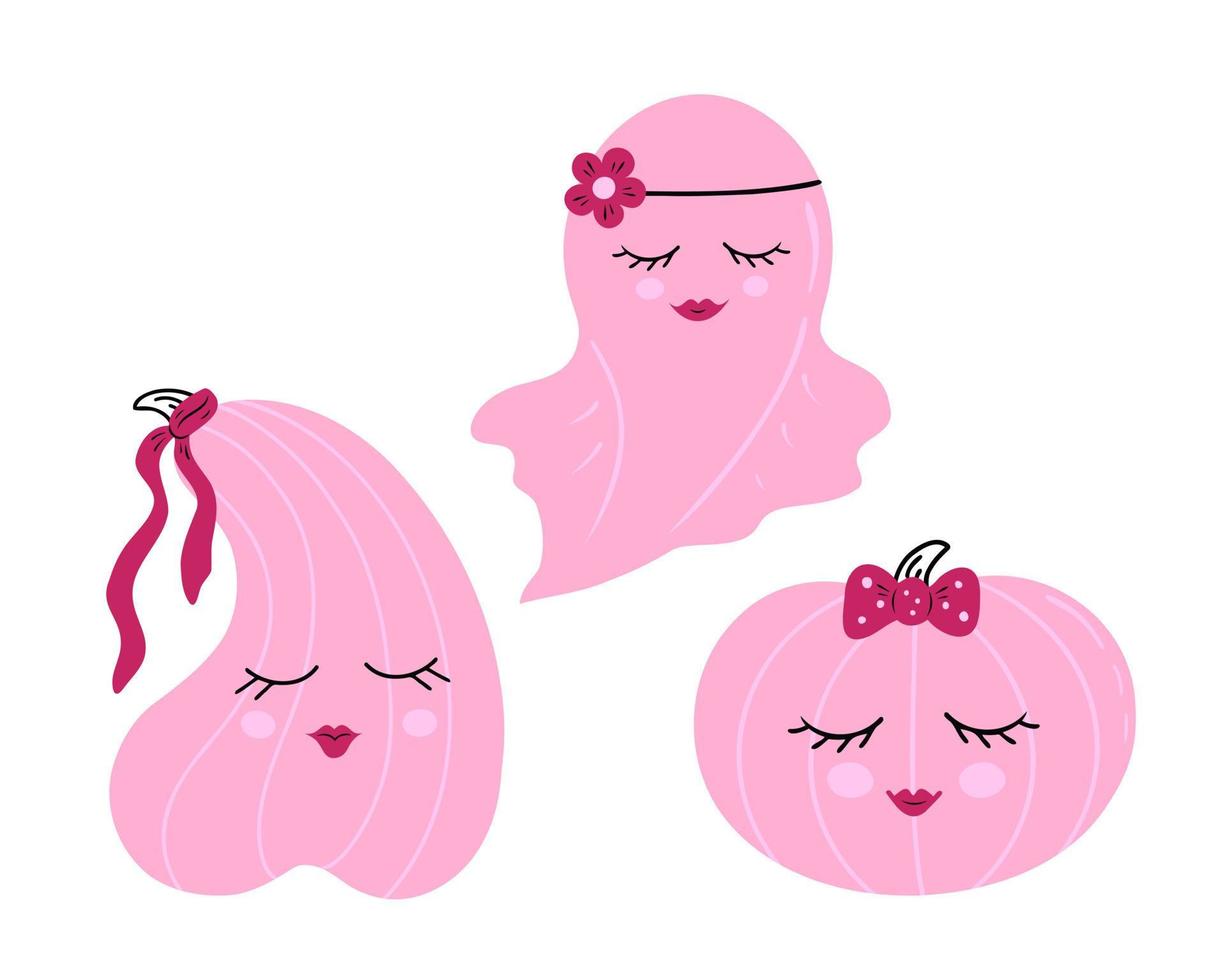 calabaza rosa y fantasma. ilustración para impresión, fondos, cubiertas y embalaje. la imagen se puede utilizar para tarjetas de felicitación, carteles, pegatinas y textiles. aislado sobre fondo blanco. vector