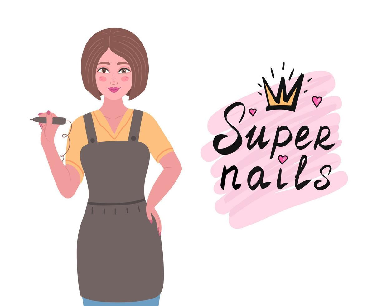 Nail artist girl with lettering super nails. Professional manicurist. Illustration for backgrounds and packaging. Image can be used for greeting cards and posters. Isolated on white background. vector