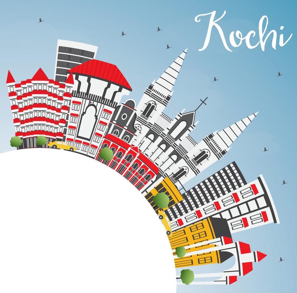 horizonte de la ciudad de kochi india con edificios de color, cielo azul y espacio para copiar. vector