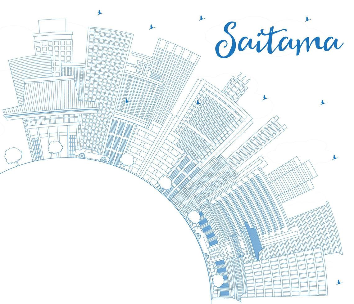 esbozar el horizonte de la ciudad de saitama japón con edificios azules y espacio de copia. vector