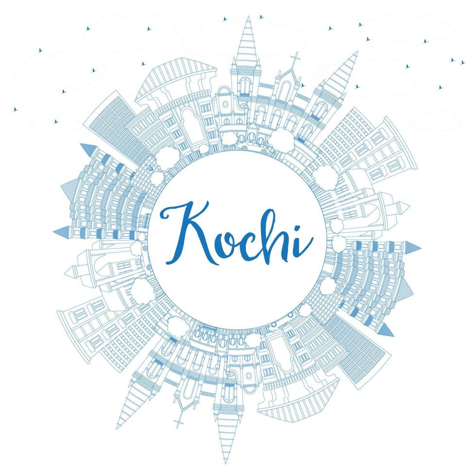 Outline Kochi India City Skyline with Blue Buildings and Copy Space. vector