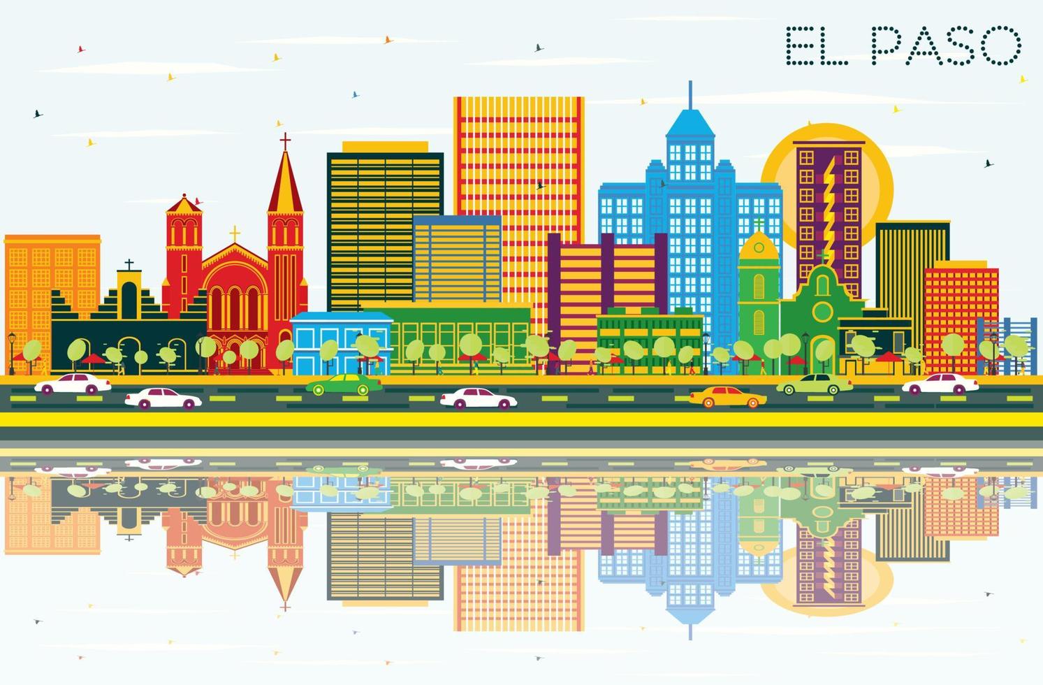 El Paso Texas City Skyline with Color Buildings, Blue Sky and Reflections. vector