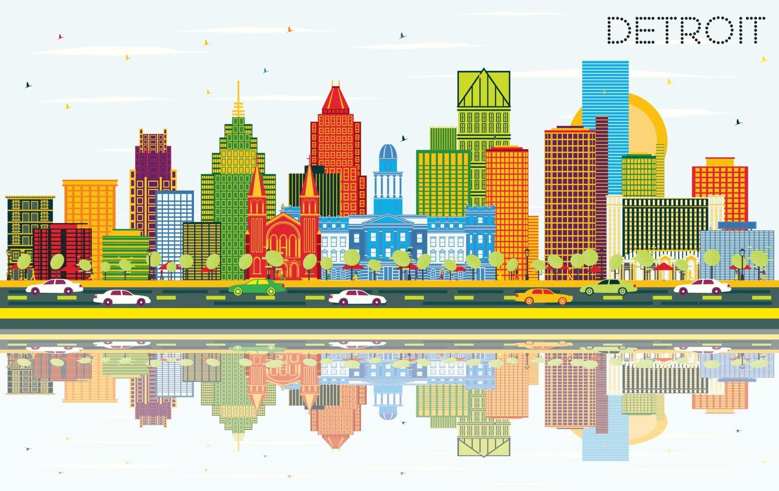 Detroit Michigan City Skyline with Color Buildings, Blue Sky and Reflections. vector