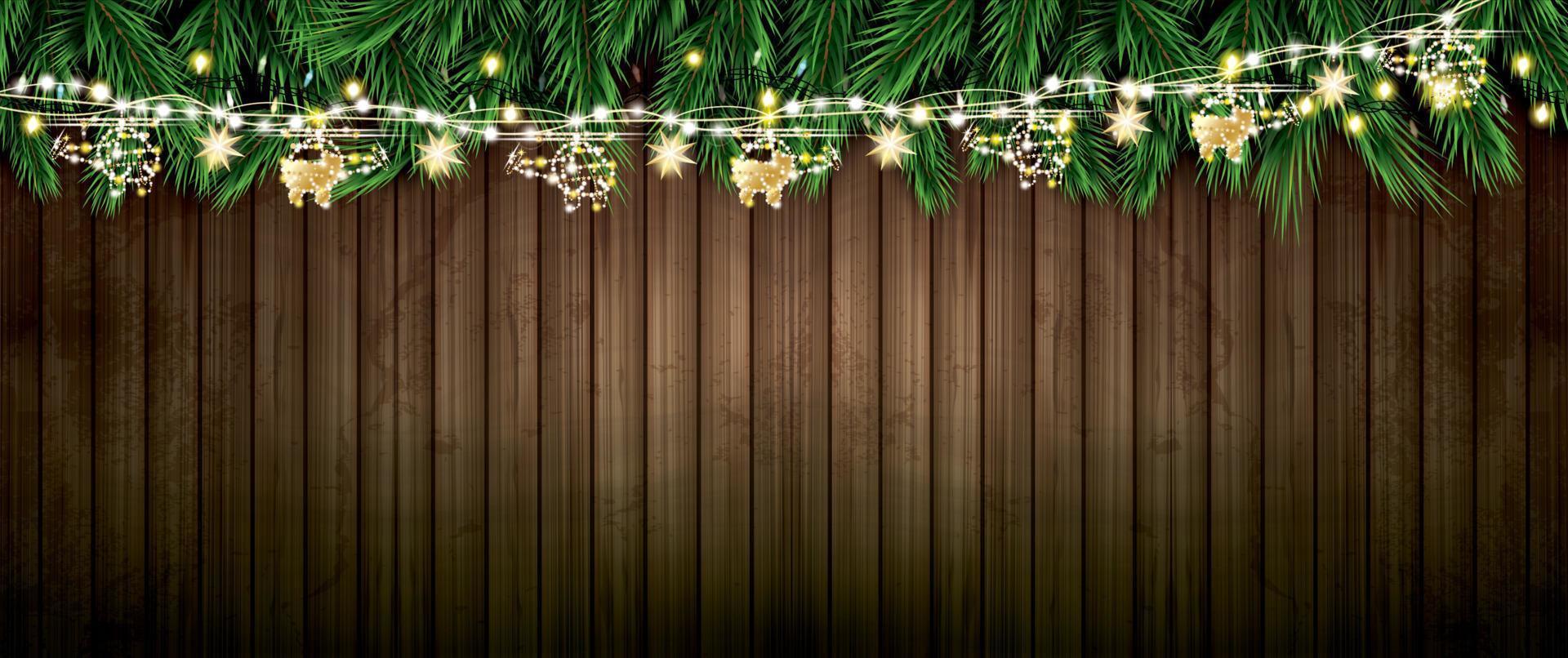Fir Branch with Neon Lights and Golden Garland with Helicopters on Wooden Background. vector