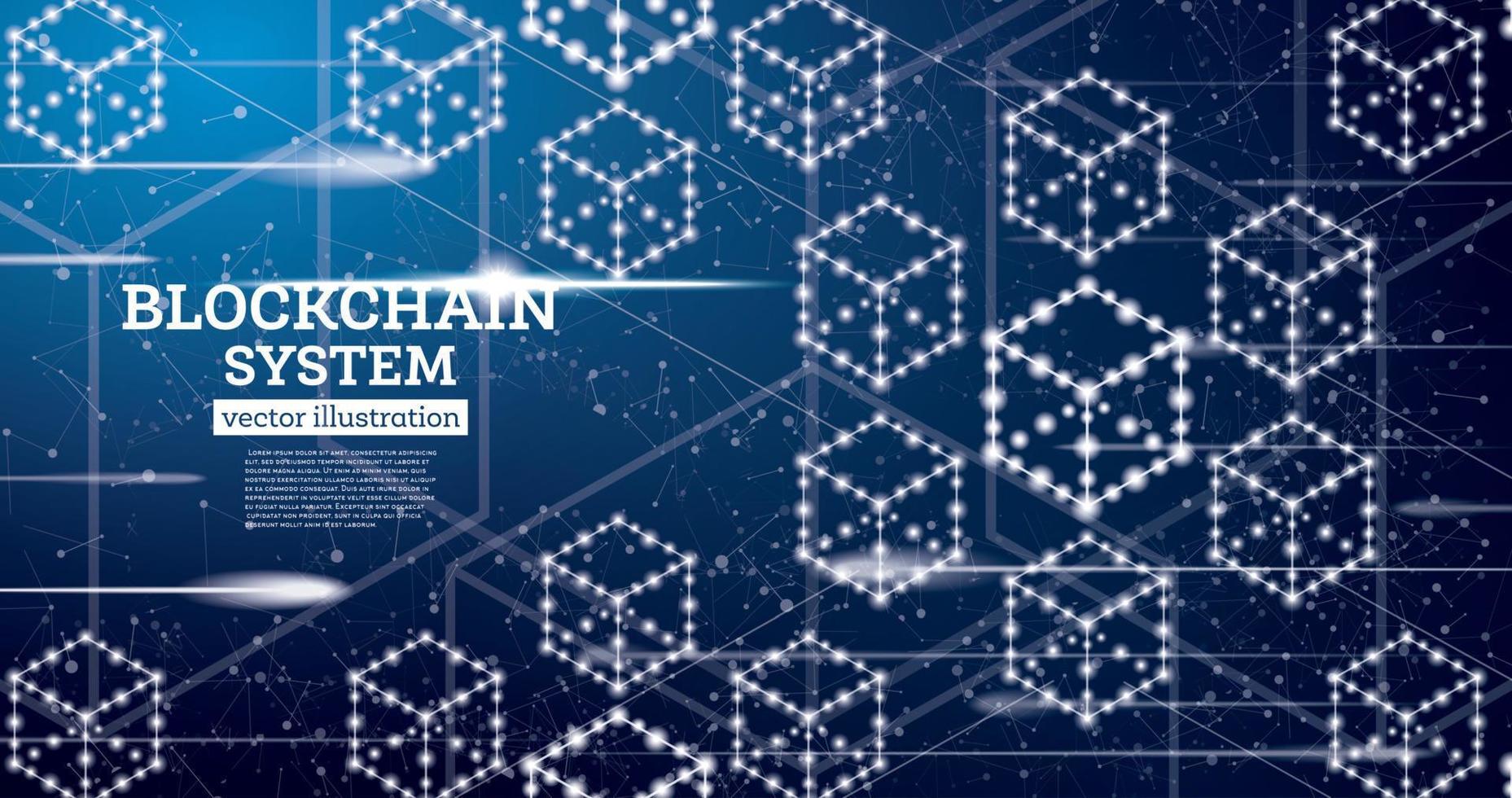 Blockchain Neon Outline Concept on Blue Background. vector