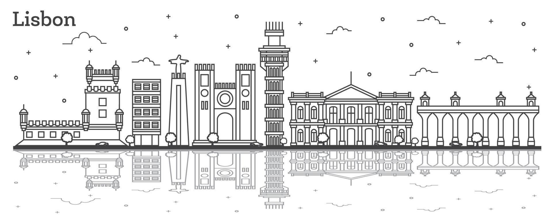 delinear el horizonte de la ciudad de lisboa portugal con edificios históricos y reflejos aislados en blanco. vector