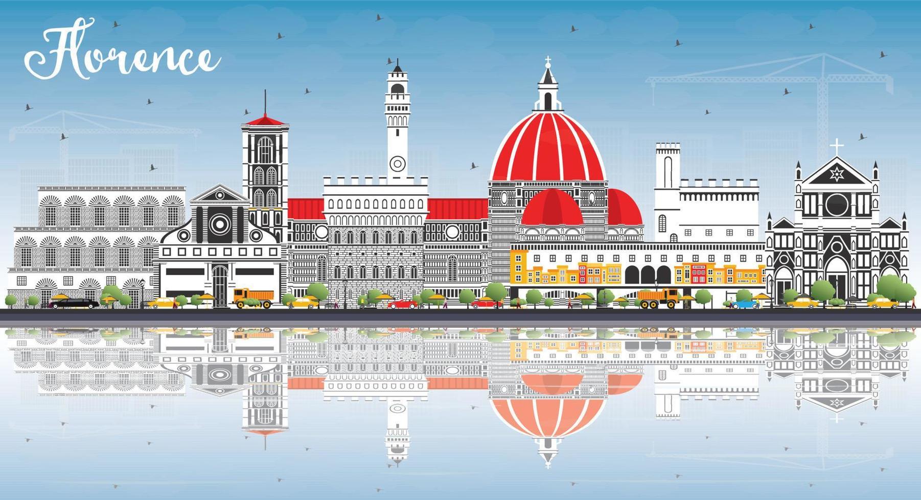 Florence Italy City Skyline with Color Buildings, Blue Sky and Reflections. vector