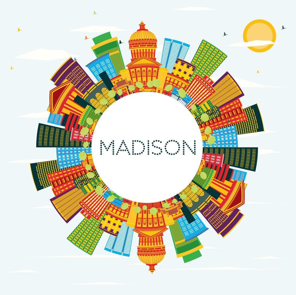 Madison Wisconsin Skyline with Color Buildings, Blue Sky and Copy Space. vector