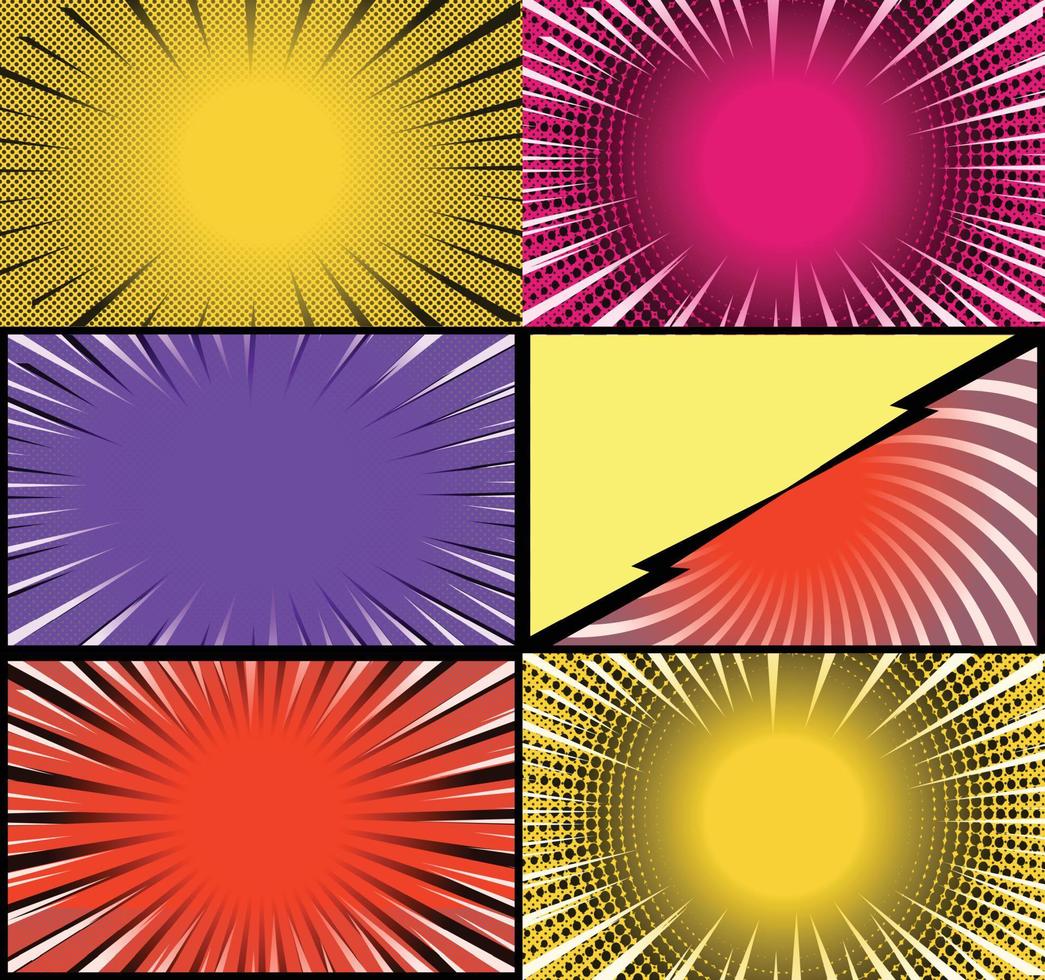 Comic book colorful frames background with halftone rays radial and dotted effects pop art style vector