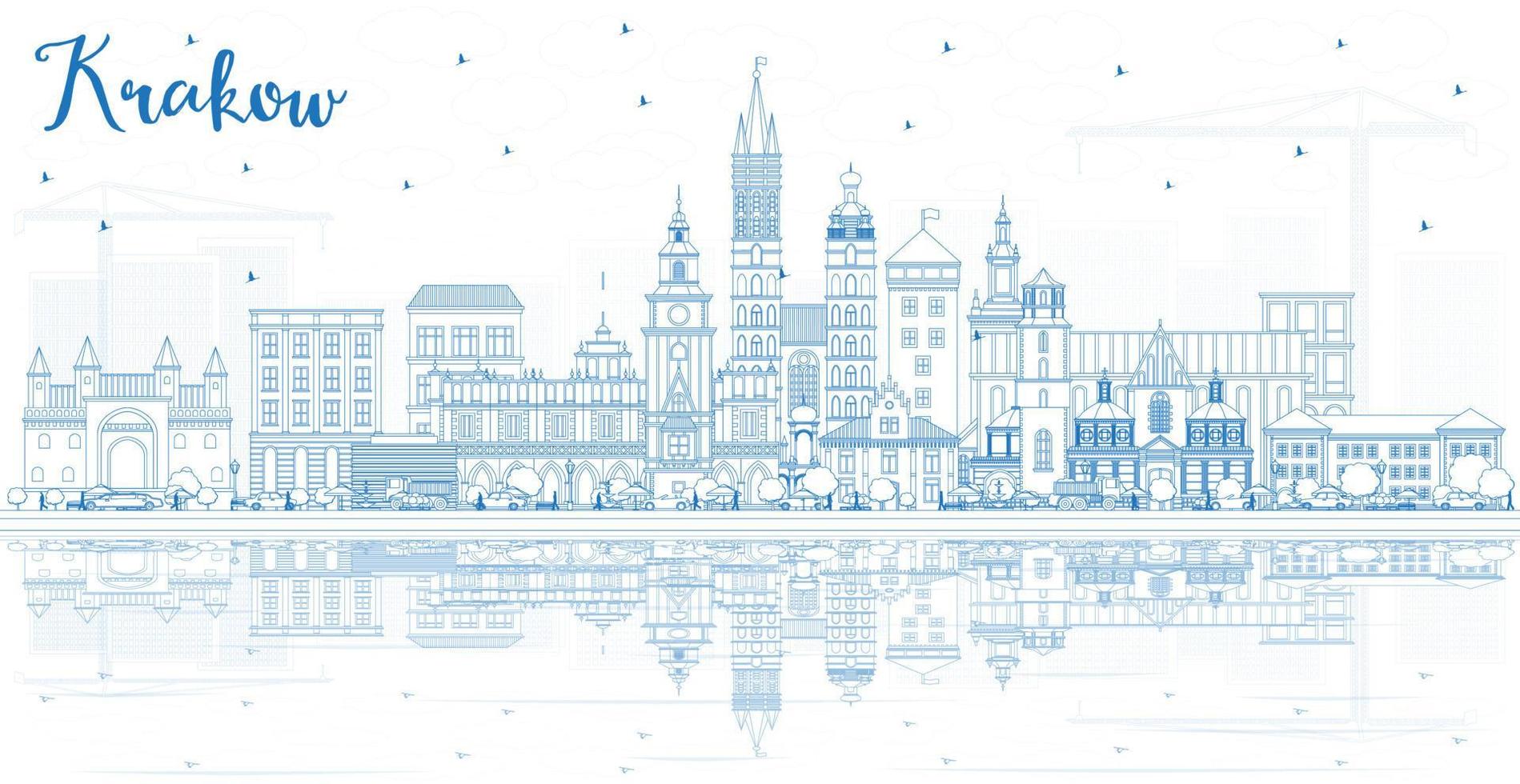 Outline Krakow Poland City Skyline with Blue Buildings and Reflections. vector