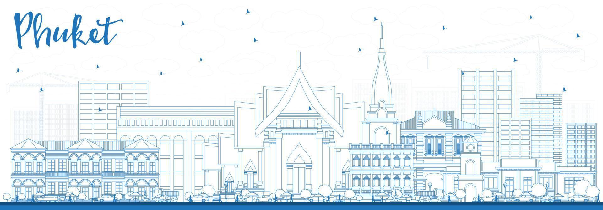 Outline Phuket Thailand City Skyline with Blue Buildings. vector