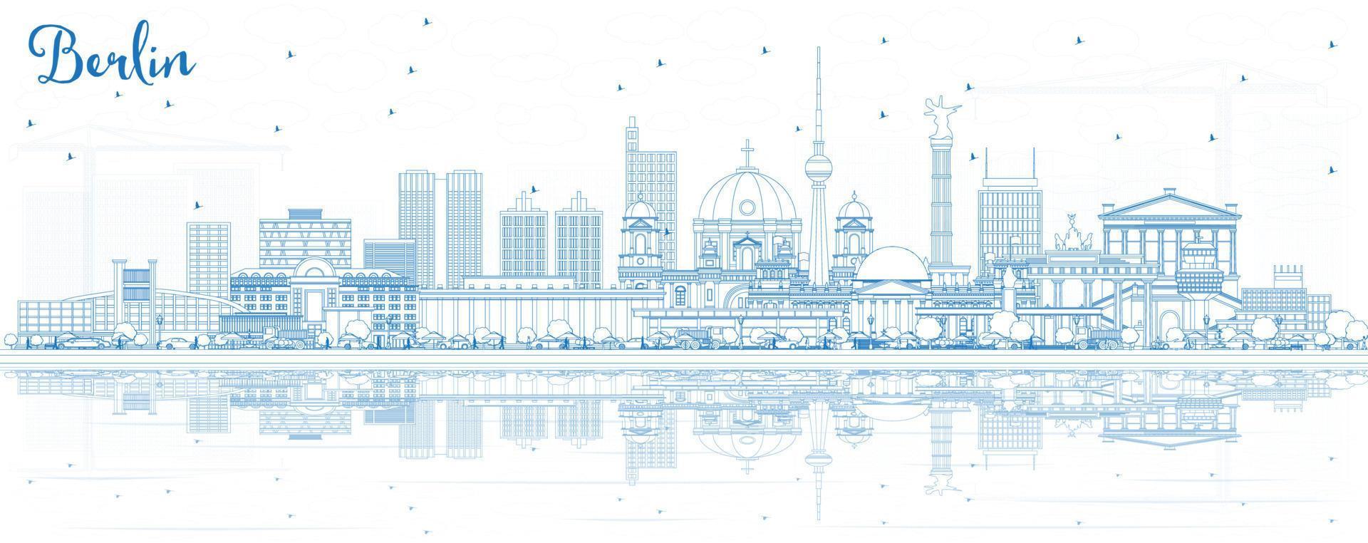 Outline Berlin Germany City Skyline with Blue Buildings and Reflections. vector