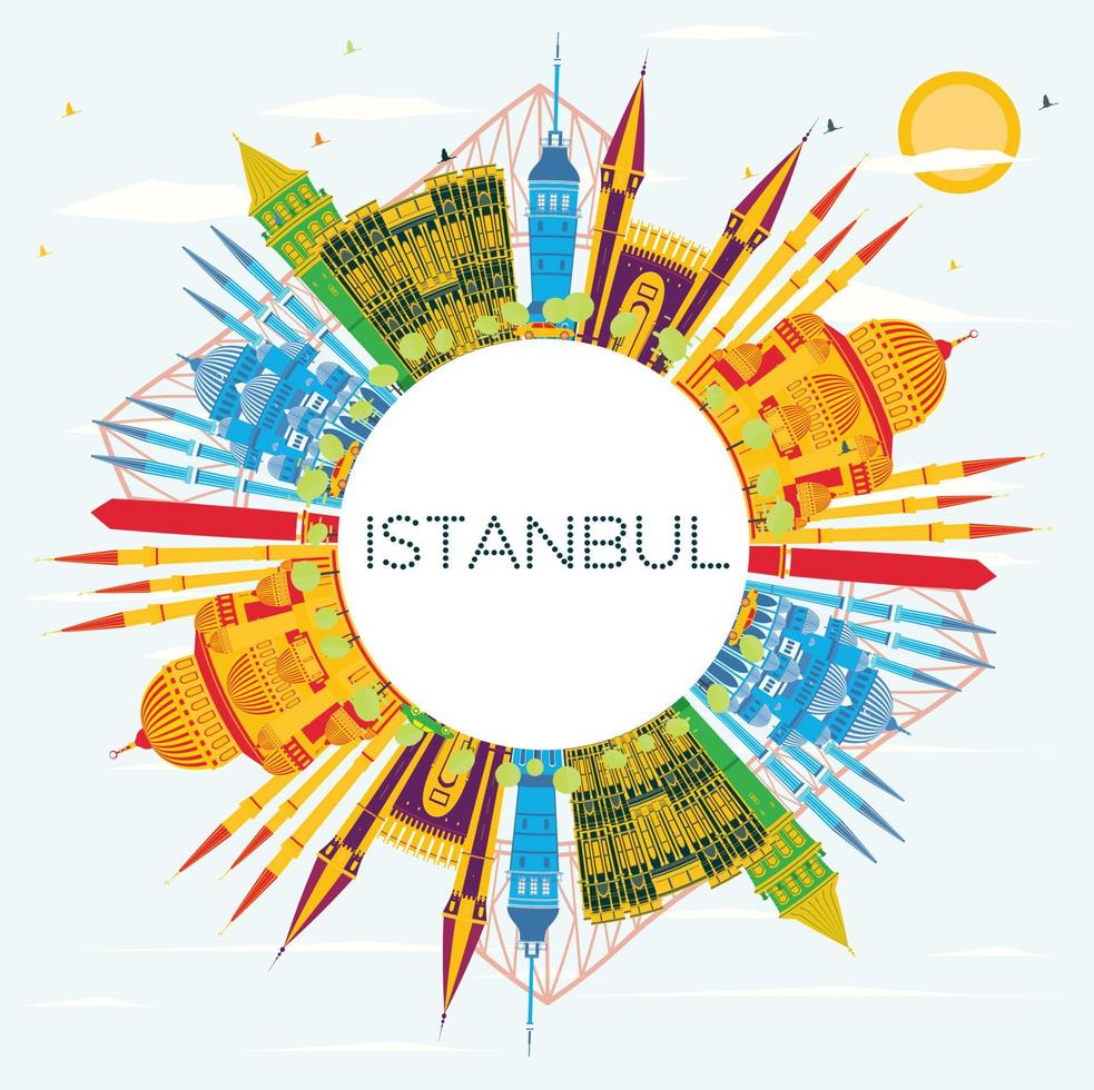 Istanbul Turkey City Skyline with Color Buildings, Blue Sky and Copy Space. vector