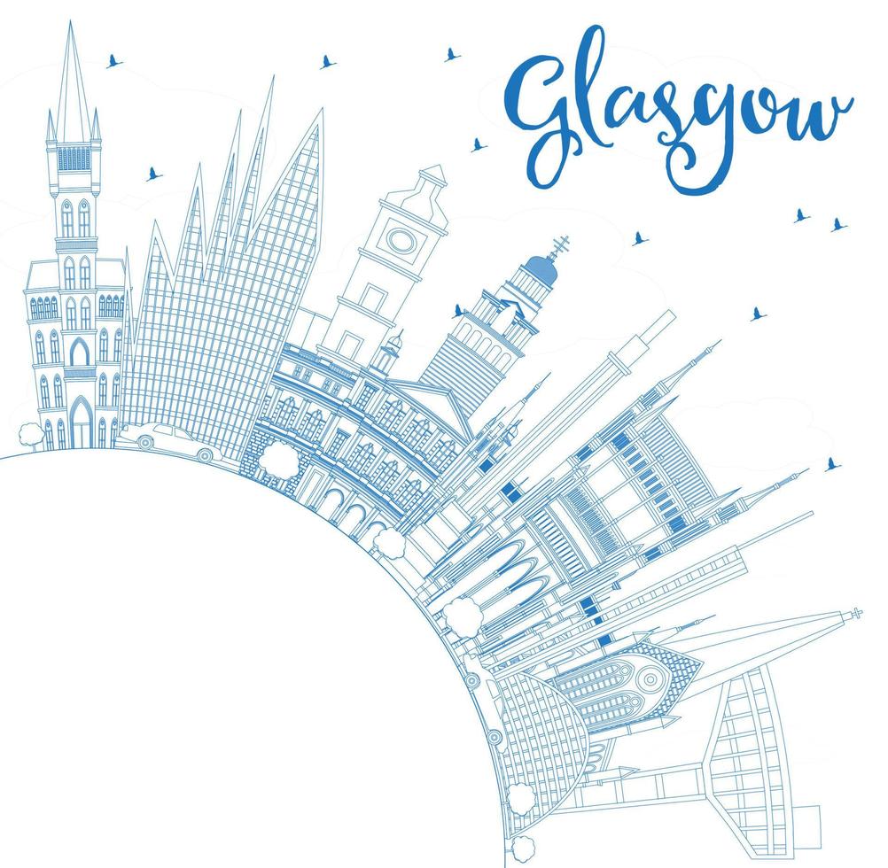 delinear el horizonte de la ciudad de glasgow escocia con edificios azules y espacio de copia. vector