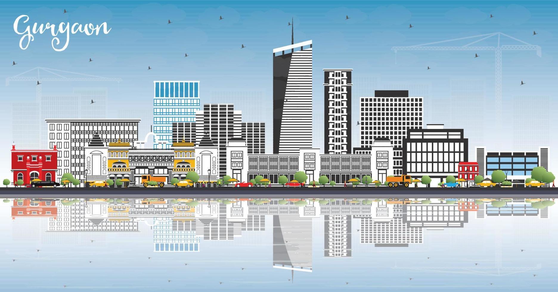 Gurgaon India City Skyline with Gray Buildings, Blue Sky and Reflections. vector