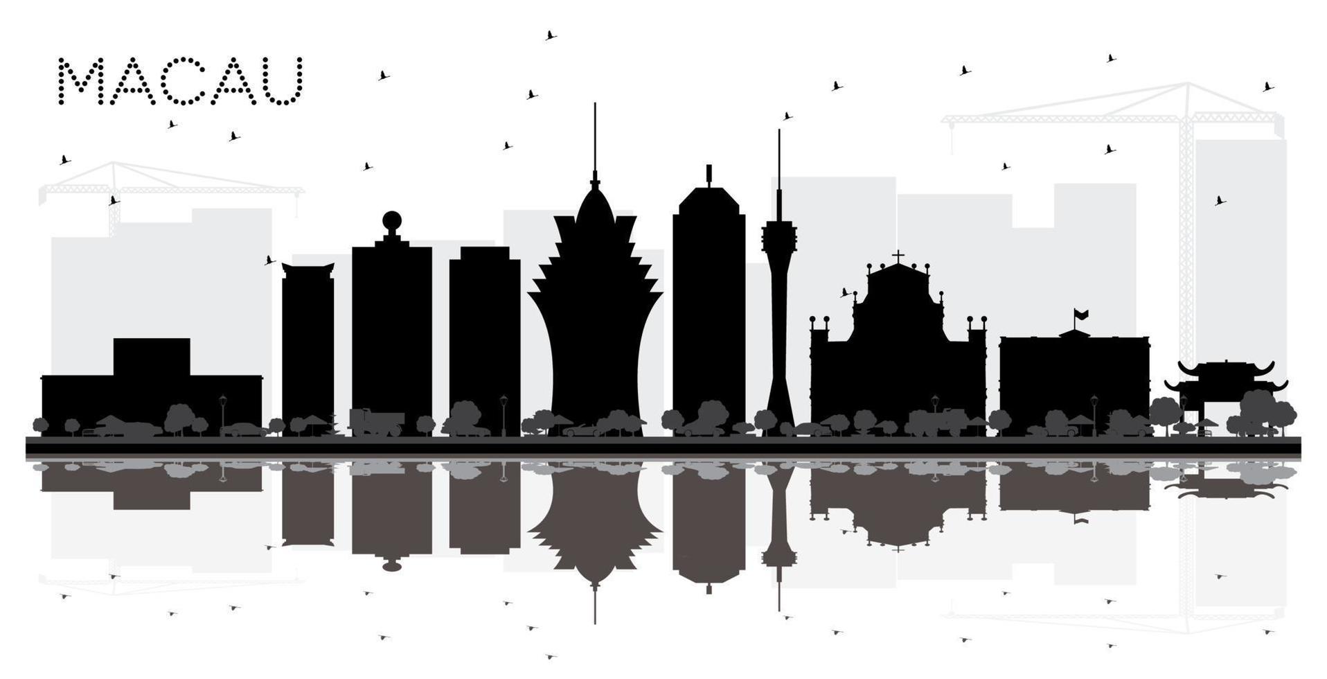 silueta en blanco y negro del horizonte de la ciudad de macao china con reflejos. vector