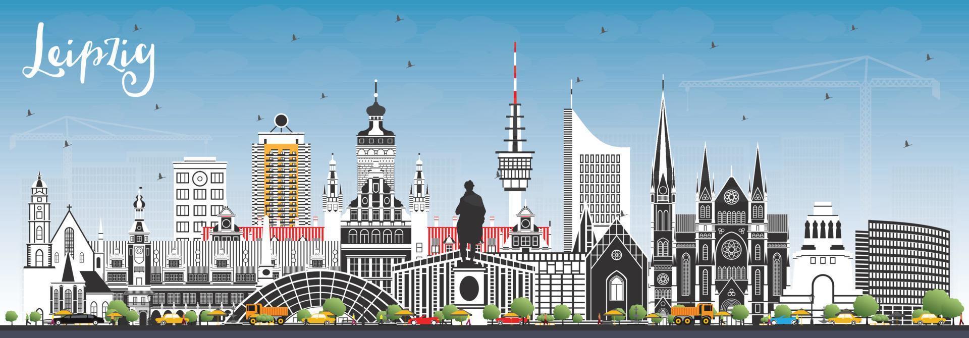 horizonte de la ciudad de leipzig alemania con edificios grises y cielo azul. vector