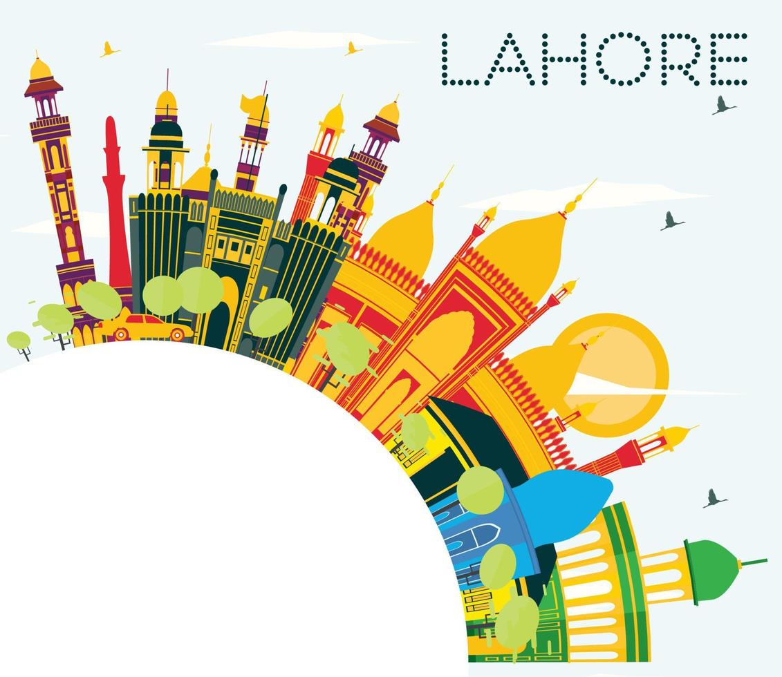 horizonte de lahore con puntos de referencia de color, cielo azul y espacio de copia. vector