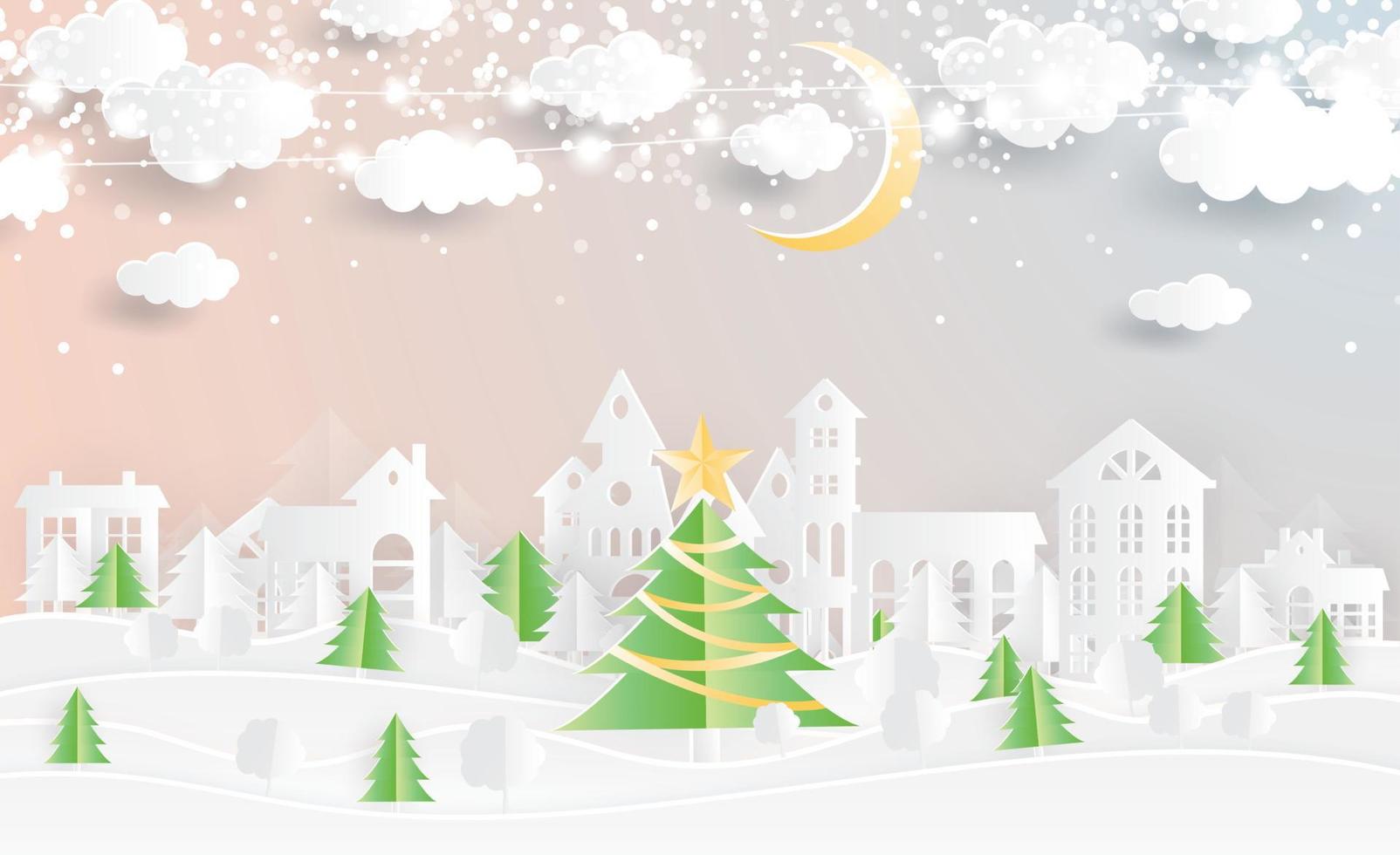 Christmas Village and Christmas Tree in Paper Cut Style. vector