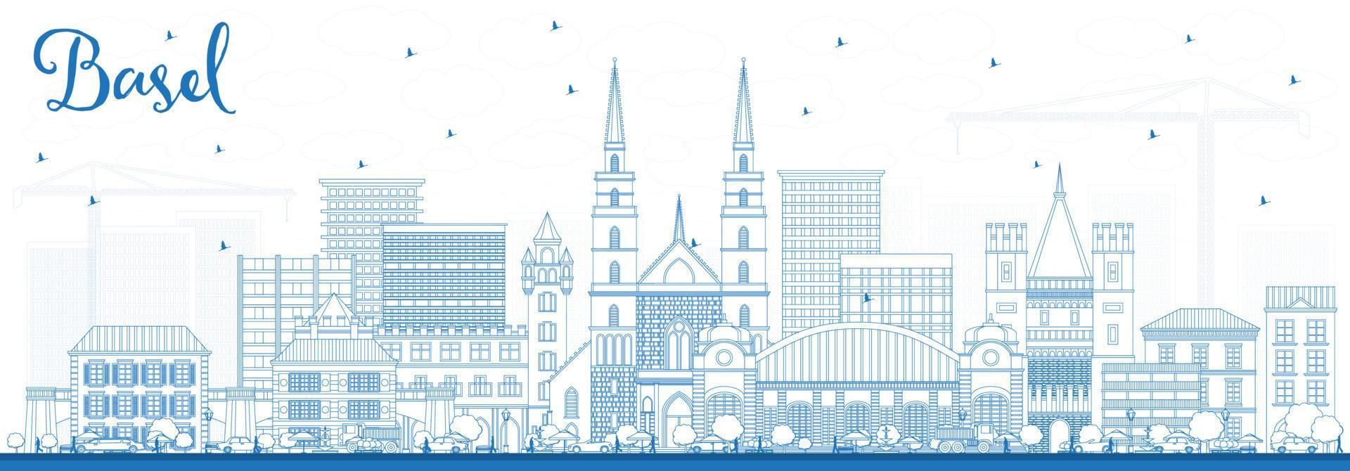 Outline Basel Switzerland City Skyline with Blue Buildings. vector
