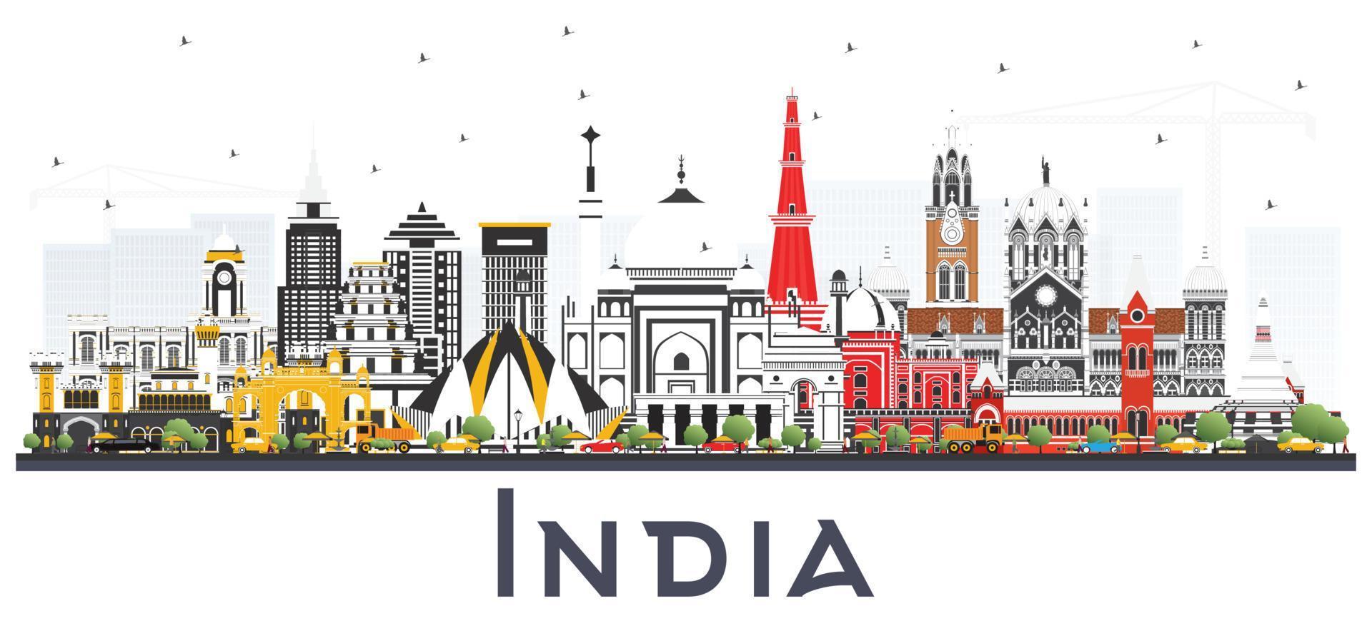 el horizonte de la ciudad india con edificios de color aislados en blanco. vector