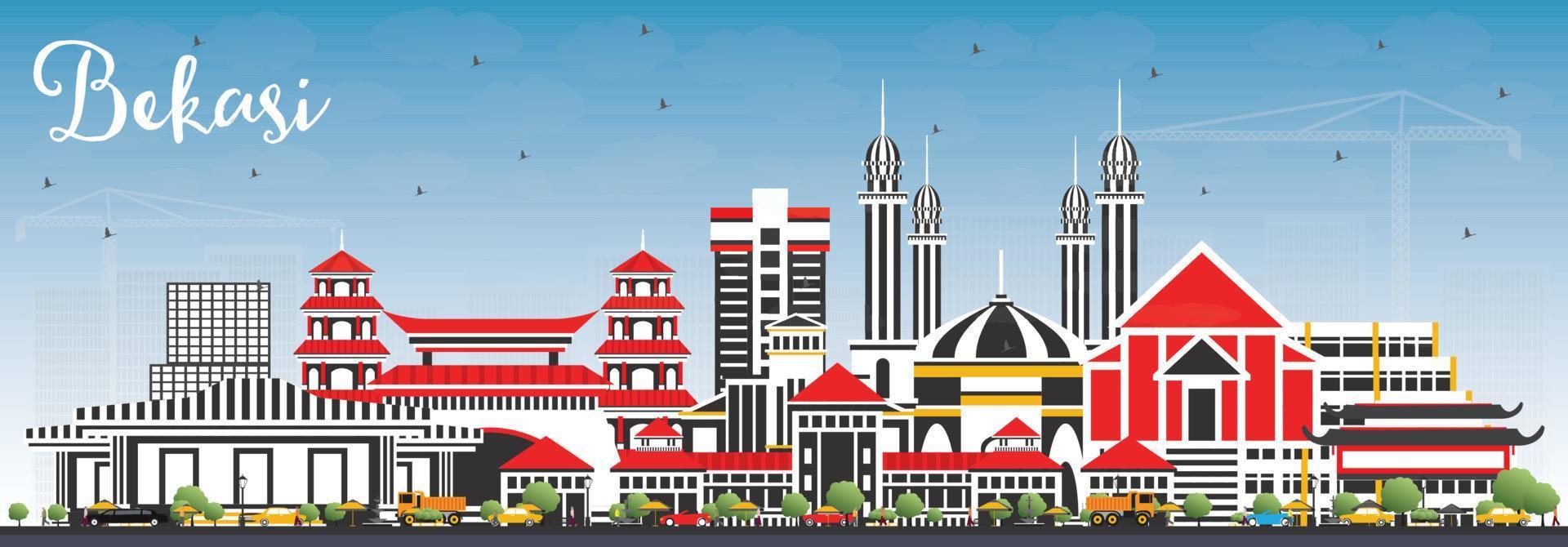 horizonte de la ciudad de bekasi indonesia con edificios de color y cielo azul. vector