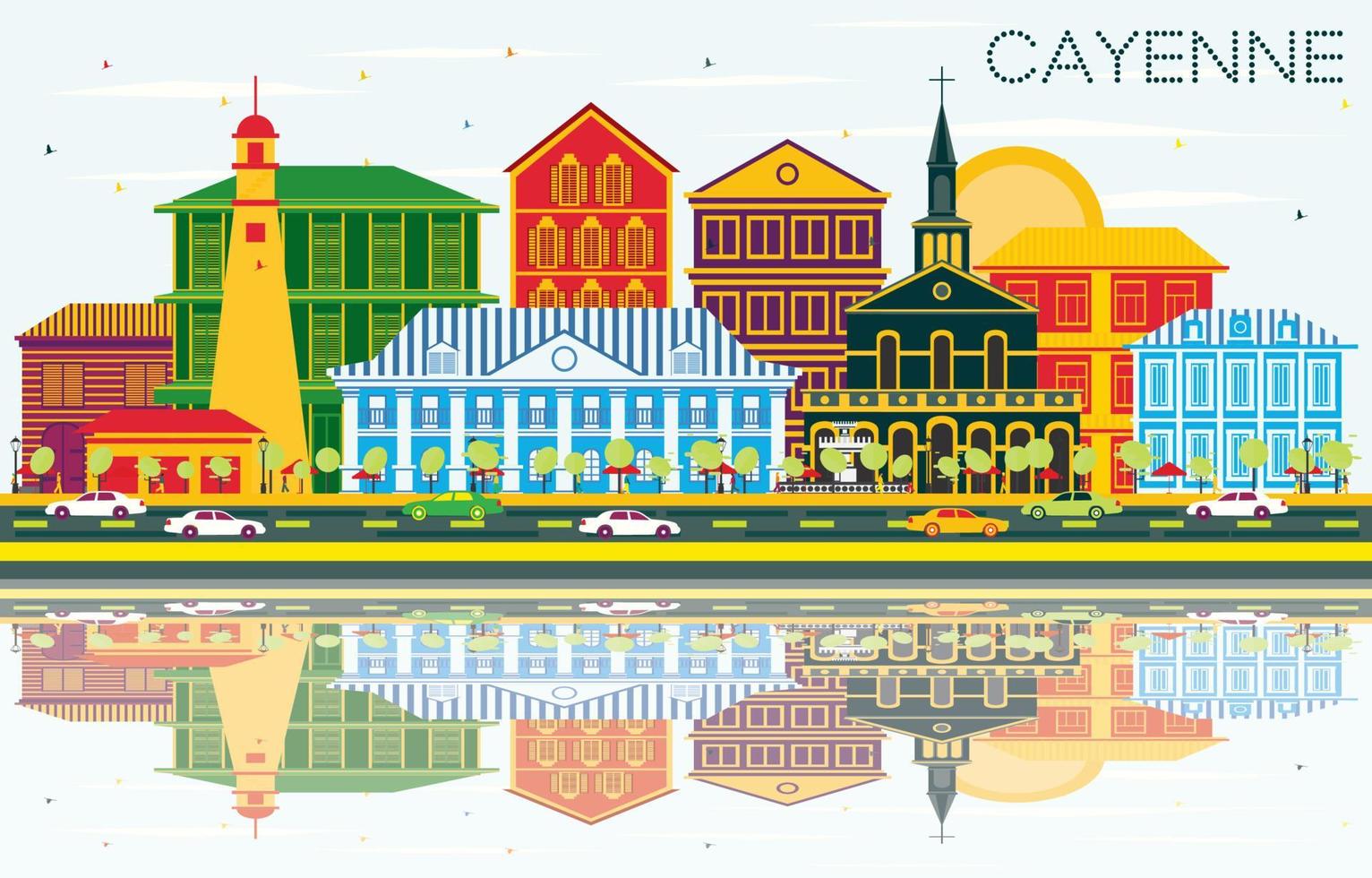 horizonte de la ciudad de Cayena con edificios de color, cielo azul y reflejos. vector